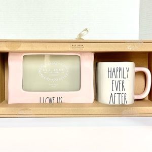 Rae Dunn I Love Us photo frame and Happily Ever After mug set